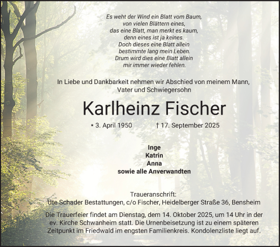 Traueranzeige von Karlheinz Fischer von Bergsträßer Anzeiger
