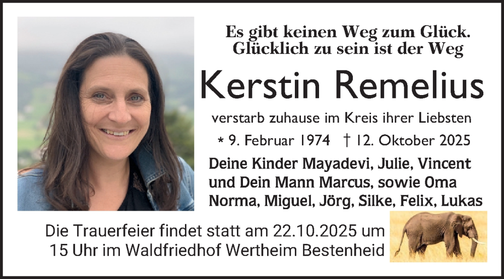  Traueranzeige für Kerstin Remelius vom 18.10.2025 aus Fränkische Nachrichten