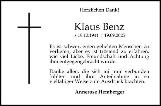 Traueranzeige von Klaus Benz von Mannheimer Morgen