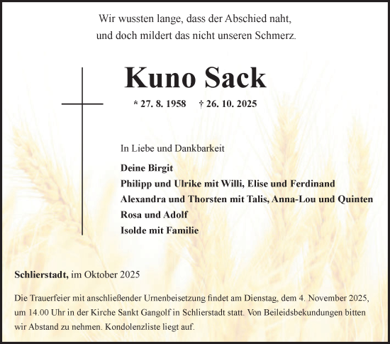 Traueranzeige von Kuno Sack von Fränkische Nachrichten