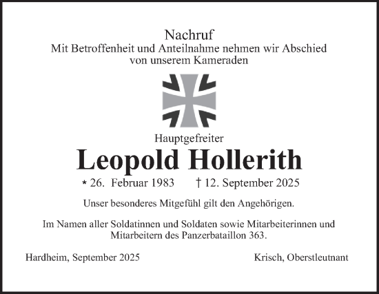 Traueranzeige von Leopold Hollerith von Fränkische Nachrichten