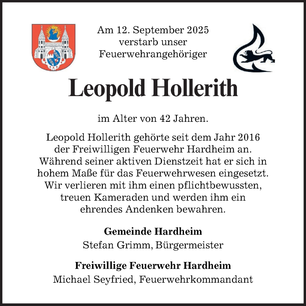 Traueranzeige für Leopold Hollerith vom 04.10.2025 aus Fränkische Nachrichten