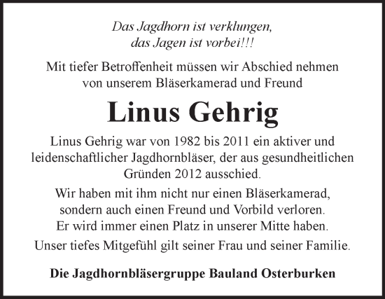 Traueranzeige von Linus Gehrig von Fränkische Nachrichten