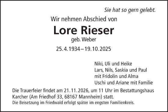Traueranzeige von Lore Rieser von Mannheimer Morgen