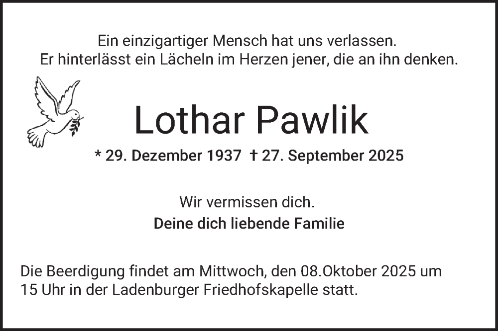  Traueranzeige für Lothar Pawlik vom 04.10.2025 aus Mannheimer Morgen