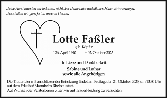 Traueranzeige von Lotte Faßler von Mannheimer Morgen