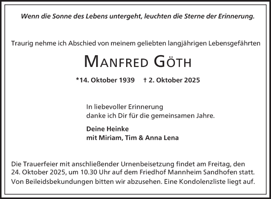 Traueranzeige von Manfred Göth von Mannheimer Morgen
