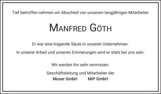 Traueranzeige von Manfred Göth von Mannheimer Morgen