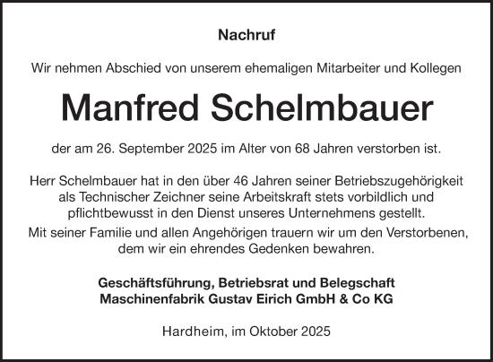 Traueranzeige von Manfred Schelmbauer von Fränkische Nachrichten