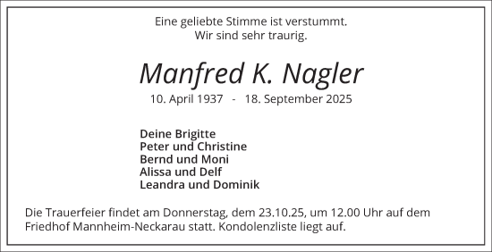 Traueranzeige von Manfred K. Nagler von Mannheimer Morgen