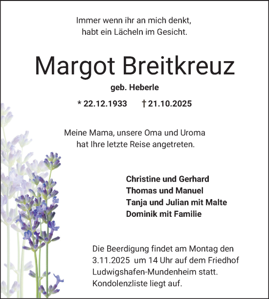 Traueranzeige von Margot Breitkreuz von Mannheimer Morgen