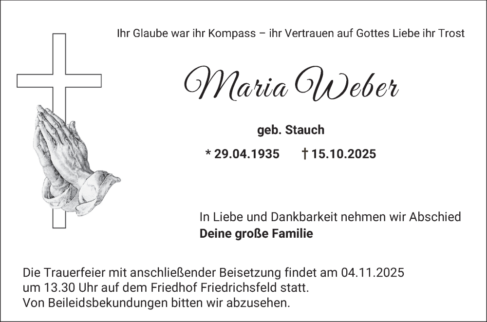  Traueranzeige für Maria Weber vom 31.10.2025 aus Mannheimer Morgen
