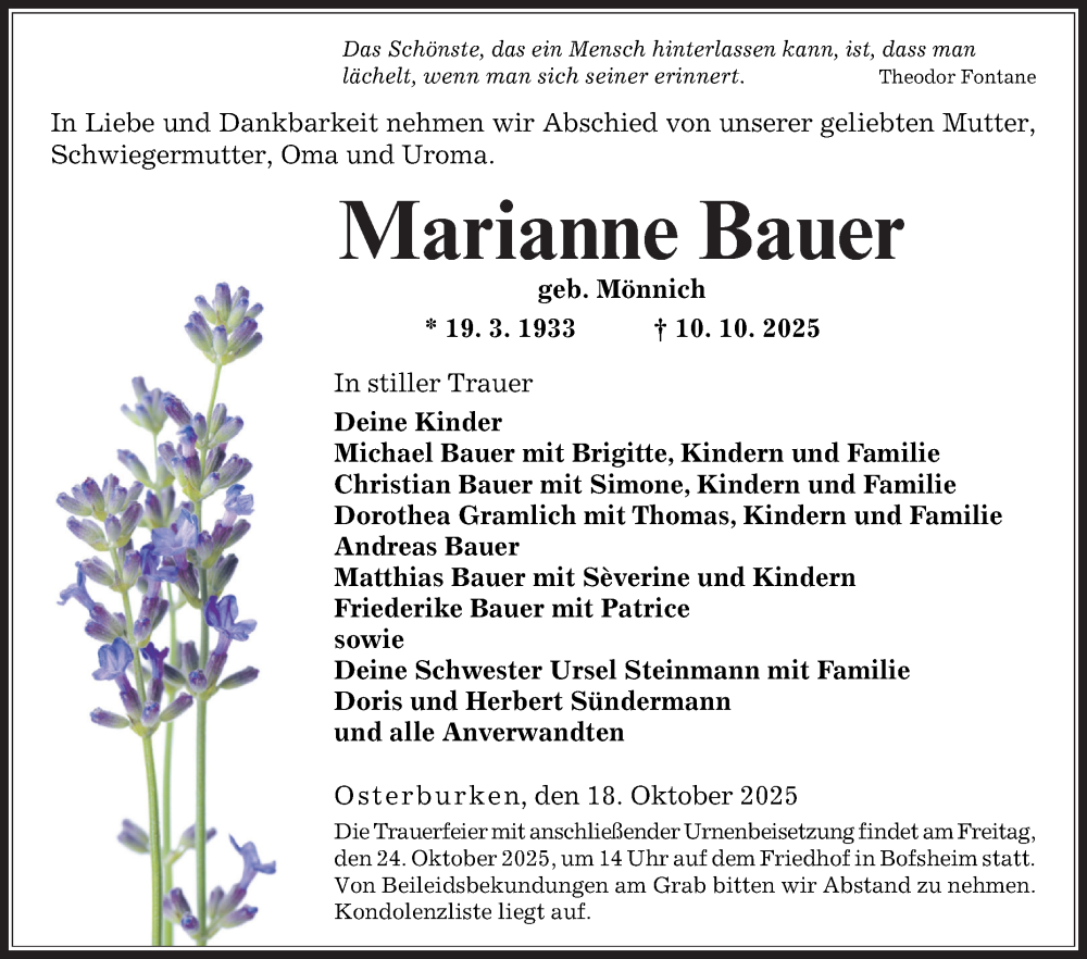 Traueranzeige für Marianne Bauer vom 18.10.2025 aus Fränkische Nachrichten