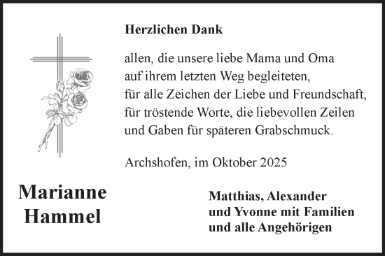 Traueranzeige von Marianne Hammel von Fränkische Nachrichten