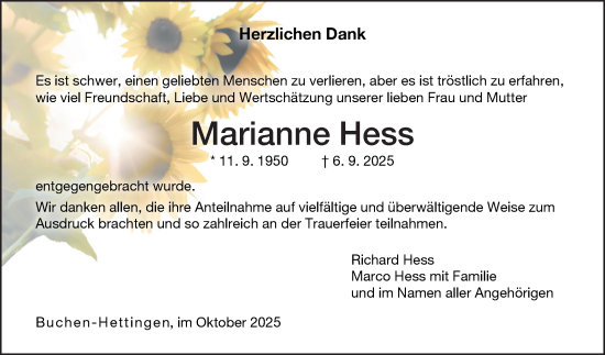 Traueranzeige von Marianne Hess von Fränkische Nachrichten