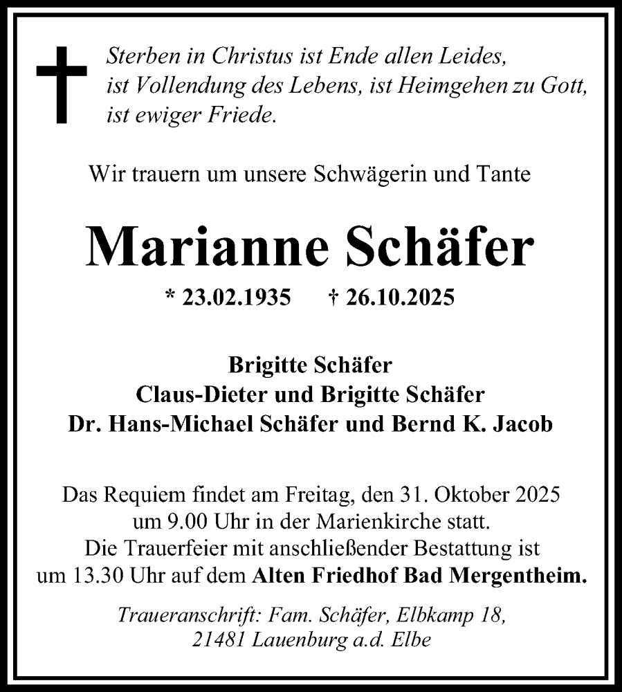  Traueranzeige für Marianne Schäfer vom 30.10.2025 aus Fränkische Nachrichten
