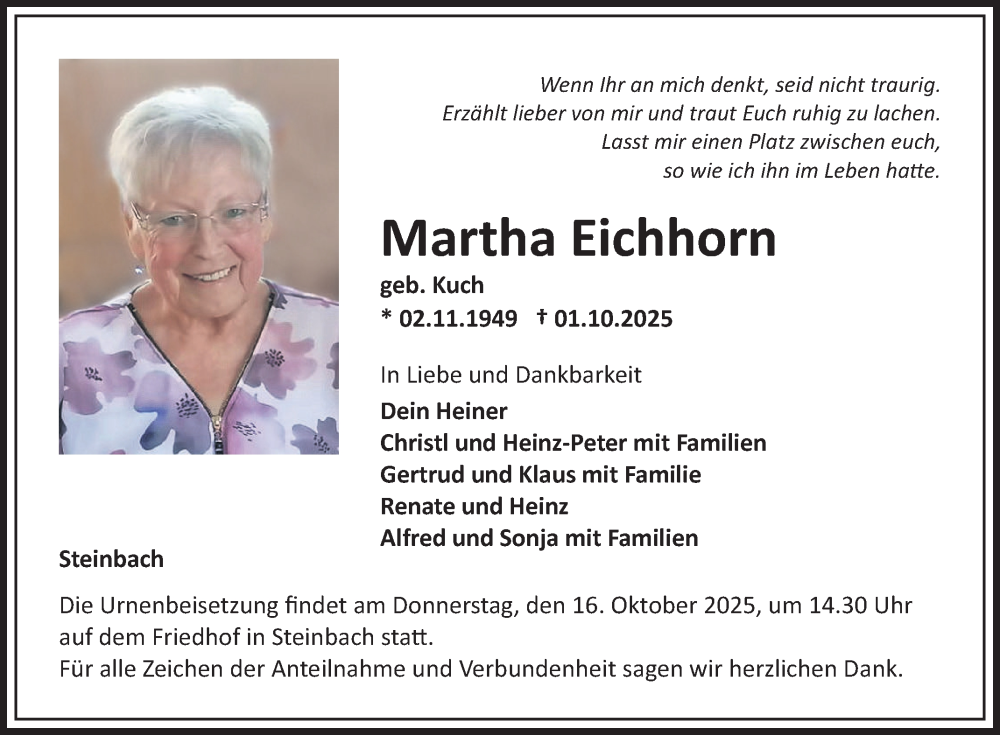  Traueranzeige für Martha Eichhorn vom 11.10.2025 aus Fränkische Nachrichten