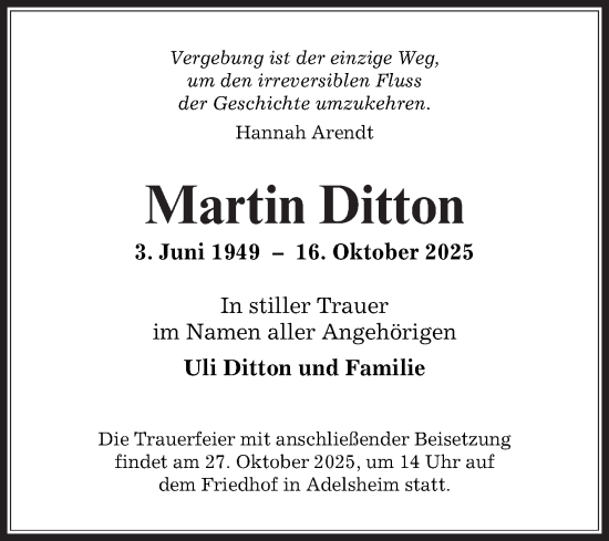 Traueranzeige von Martin Ditton von Fränkische Nachrichten