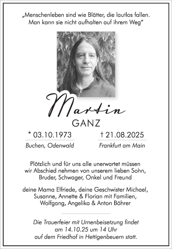 Traueranzeige von Martin Ganz von Fränkische Nachrichten