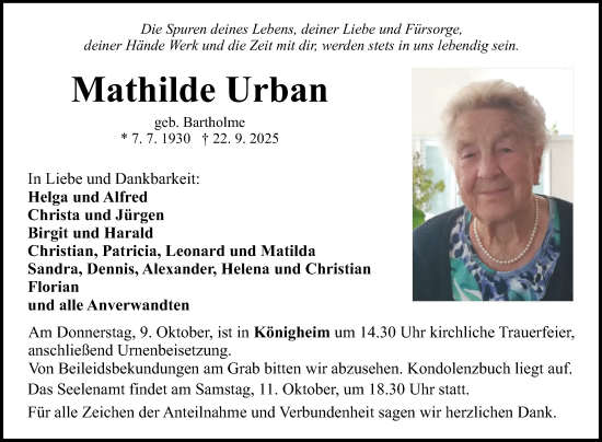 Traueranzeige von Mathilde Urban von Fränkische Nachrichten