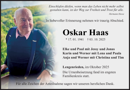 Traueranzeige von Oskar Haas von Fränkische Nachrichten