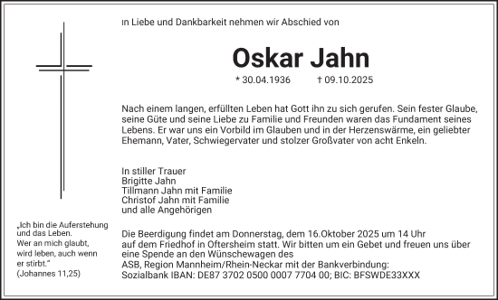 Traueranzeige von Oskar Jahn von Schwetzinger Zeitung