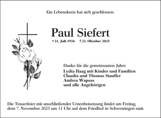 Traueranzeige von Paul Siefert von Schwetzinger Zeitung