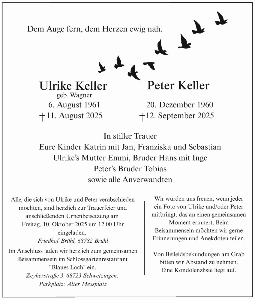  Traueranzeige für Peter Keller vom 04.10.2025 aus Schwetzinger Zeitung