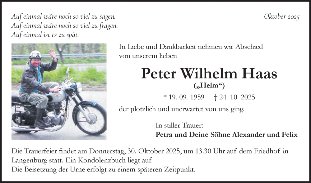  Traueranzeige für Peter Wilhelm Haas vom 28.10.2025 aus Fränkische Nachrichten