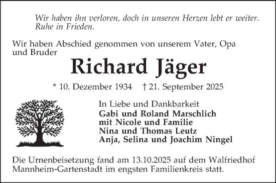 Traueranzeige von Richard Jäger von Mannheimer Morgen