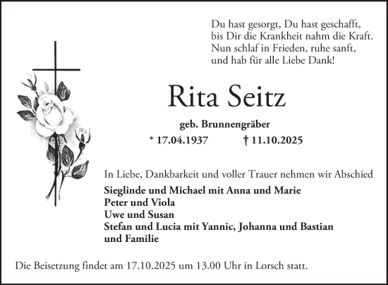 Traueranzeige von Rita Seitz von Bergsträßer Anzeiger