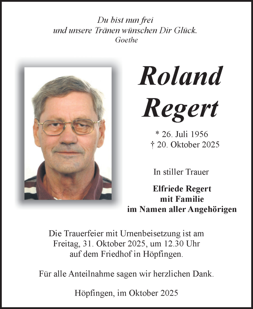  Traueranzeige für Roland Regert vom 28.10.2025 aus Fränkische Nachrichten
