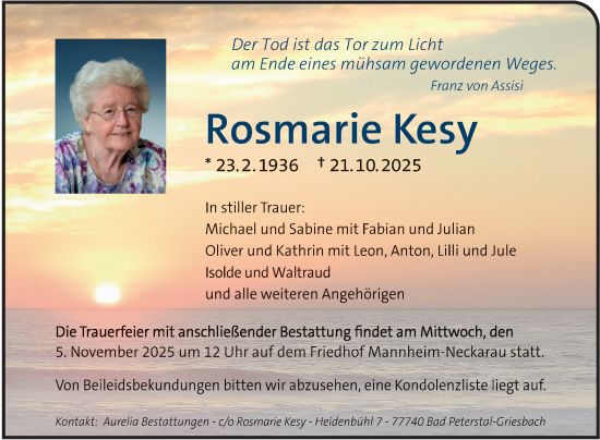 Traueranzeige von Rosmarie Kesy von Mannheimer Morgen