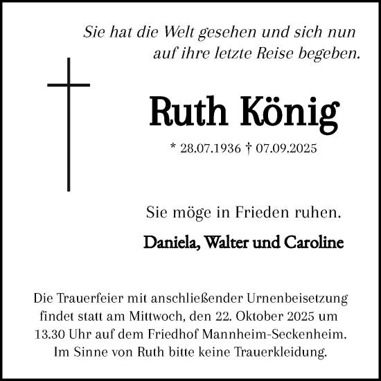 Traueranzeige von Ruth König von Mannheimer Morgen