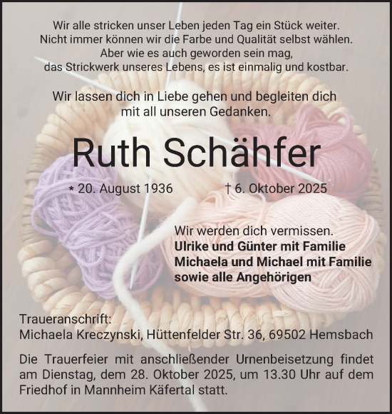 Traueranzeige von Ruth Schähfer von Mannheimer Morgen