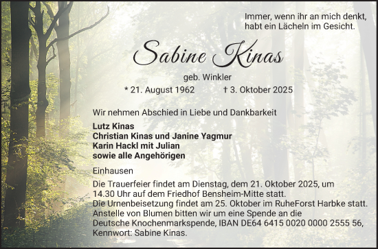 Traueranzeige von Sabine Kinas von Bergsträßer Anzeiger
