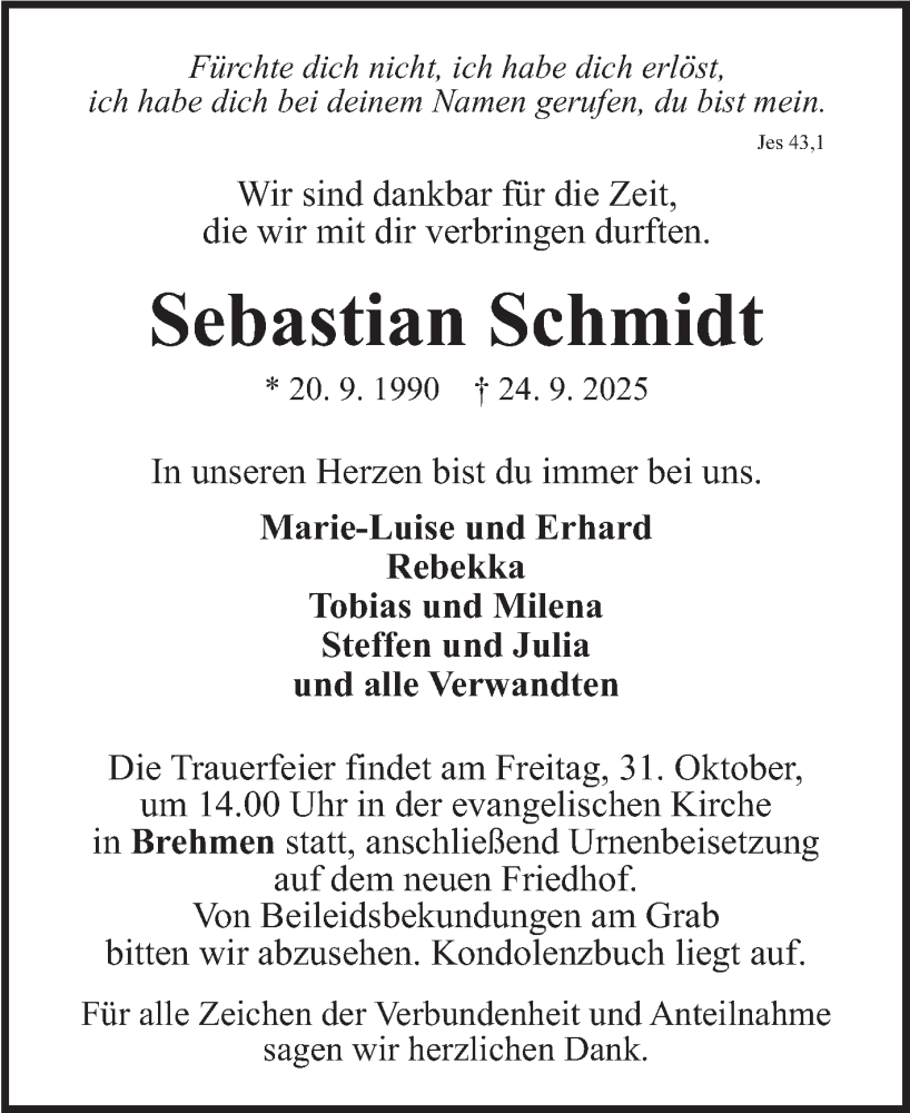  Traueranzeige für Sebastian Schmidt vom 25.10.2025 aus Fränkische Nachrichten