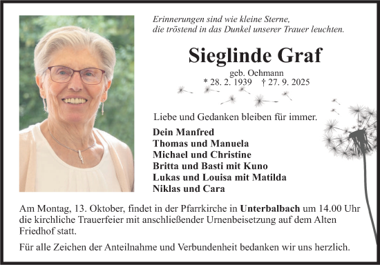 Traueranzeige von Sieglinde Graf von Fränkische Nachrichten