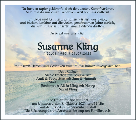 Traueranzeige von Susanne Kling von Mannheimer Morgen