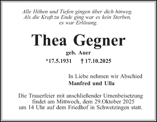 Traueranzeige von Thea Gegner von Schwetzinger Zeitung