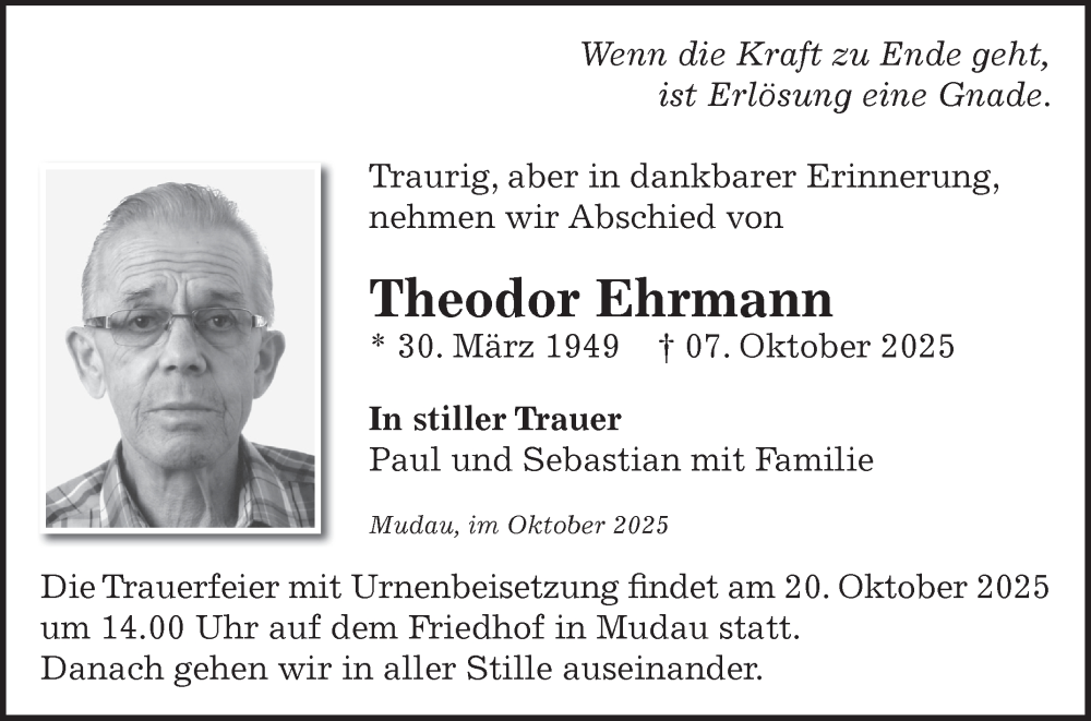  Traueranzeige für Theodor Ehrmann vom 16.10.2025 aus Fränkische Nachrichten