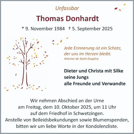Traueranzeige von Thomas Donhardt von Schwetzinger Zeitung