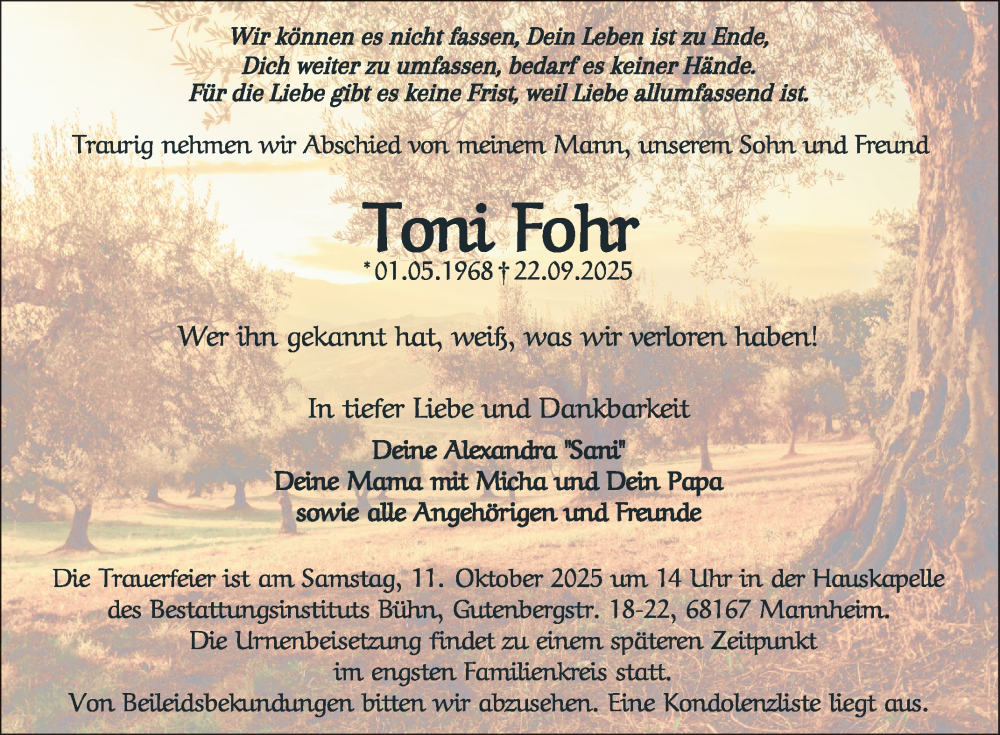  Traueranzeige für Toni Fohr vom 04.10.2025 aus Mannheimer Morgen
