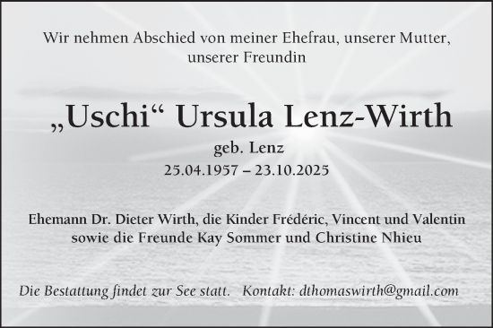Traueranzeige von Ursula Lenz-Wirth von Mannheimer Morgen