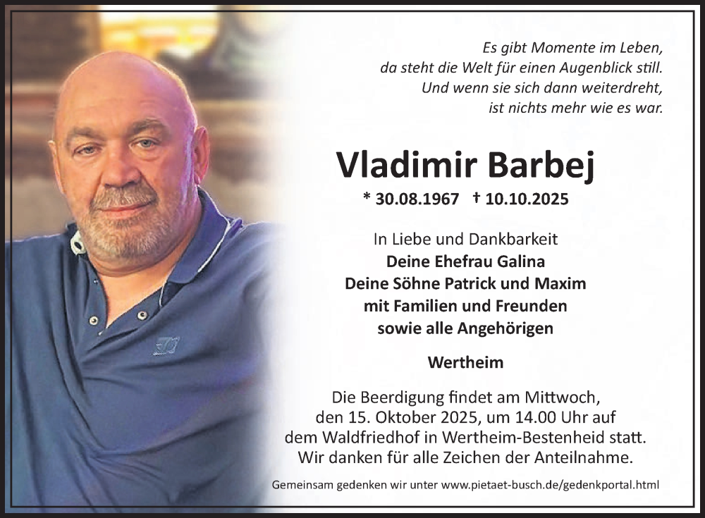  Traueranzeige für Vladimir Barbej vom 14.10.2025 aus Fränkische Nachrichten