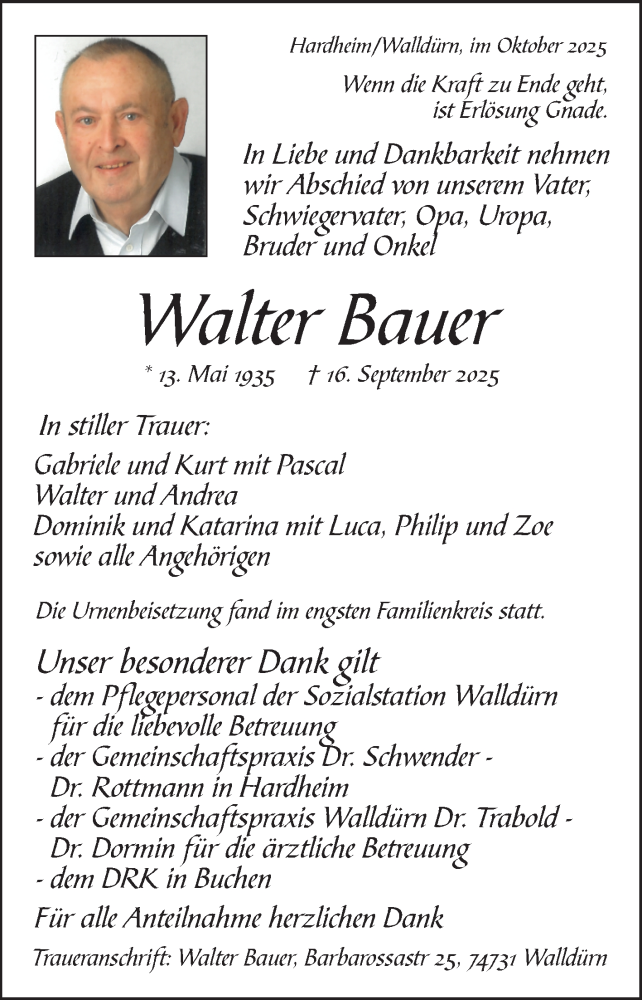  Traueranzeige für Walter Bauer vom 11.10.2025 aus Fränkische Nachrichten