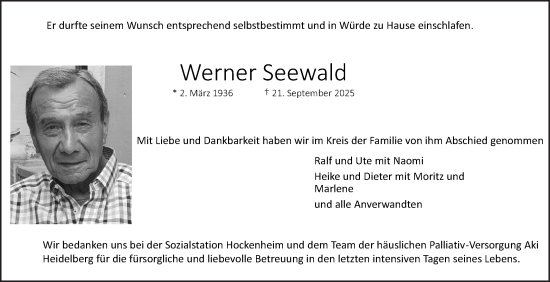 Traueranzeige von Werner Seewald von Schwetzinger Zeitung