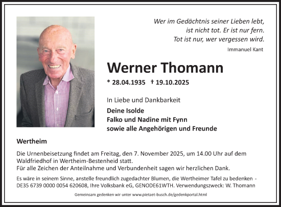 Traueranzeige von Werner Thomann von Fränkische Nachrichten