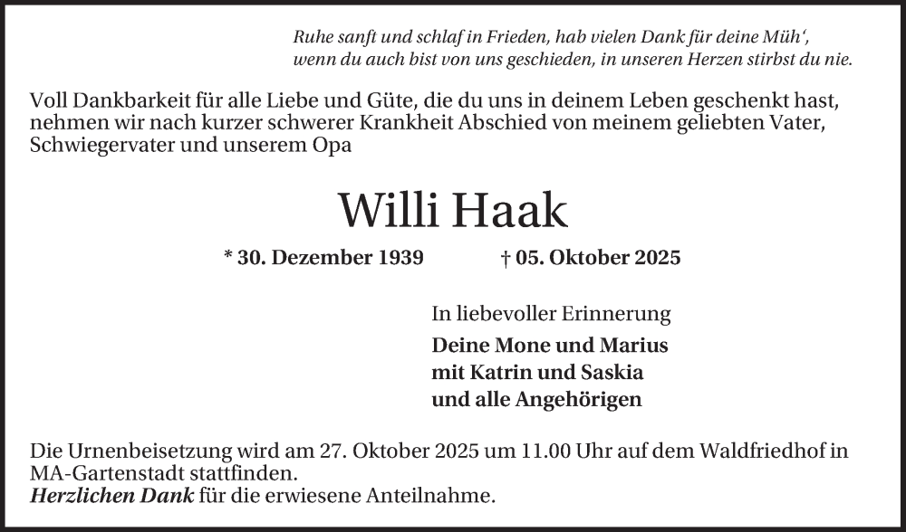  Traueranzeige für Willi Haak vom 18.10.2025 aus Mannheimer Morgen