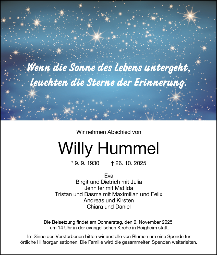  Traueranzeige für Willy Hummel vom 31.10.2025 aus Fränkische Nachrichten